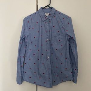 J. Crew Women Button Down Blue with Hearts Shirt Size Small Cotton